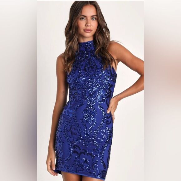 NWT Lulus Glittering Glamour Royal Blue Mock Neck Mini Dress L Bling Sexy Party - Picture 1 of 16